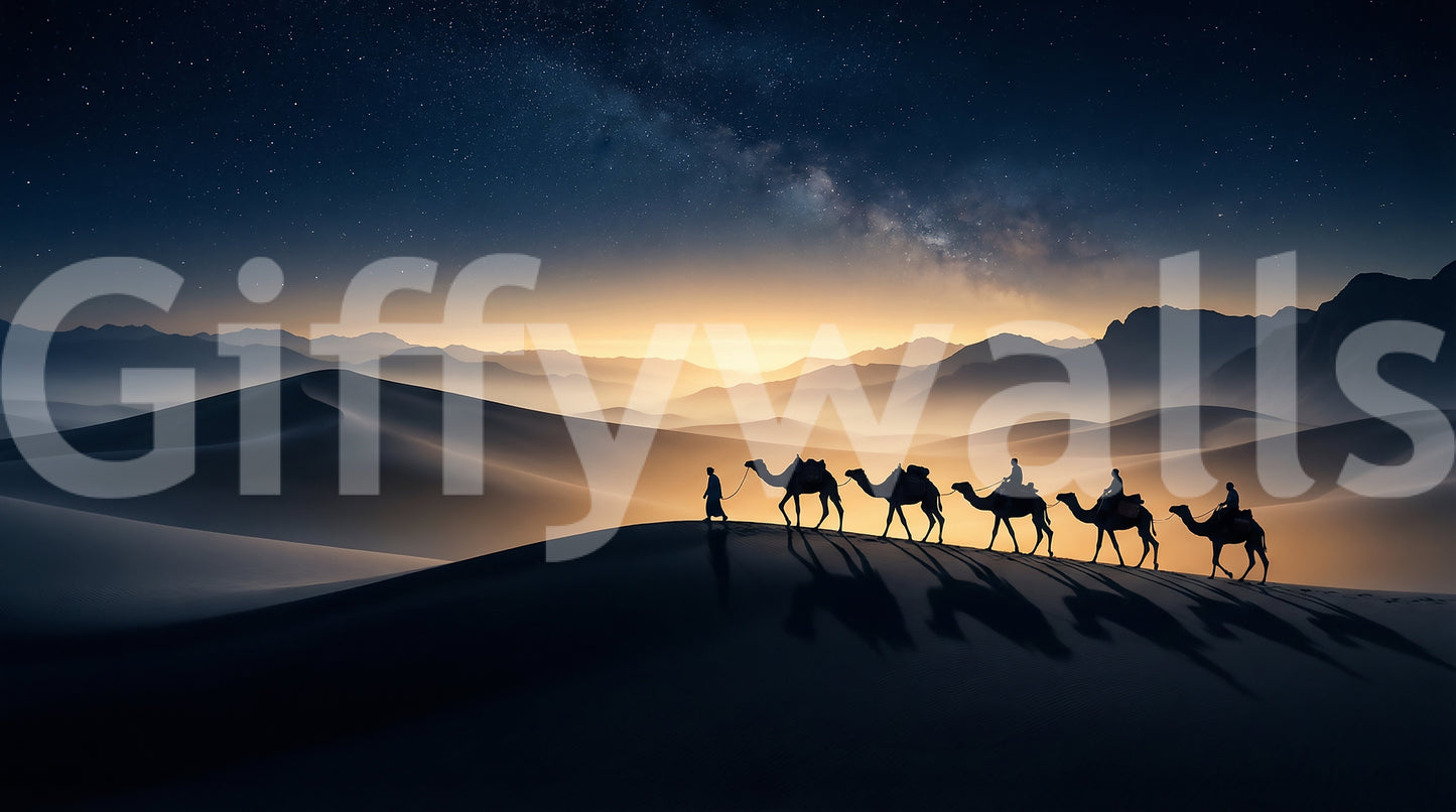 Stars arc as a wide band over silhouetted dunes of the desert trek wall mura