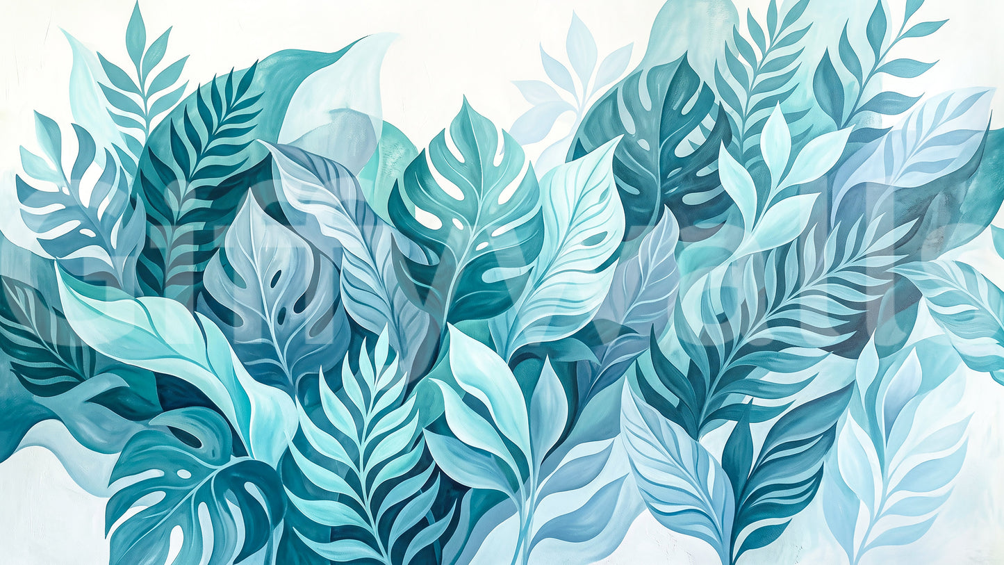 Deeper teal silhouettes sit behind lighter mint leaves in Aqua Oasis wall mural