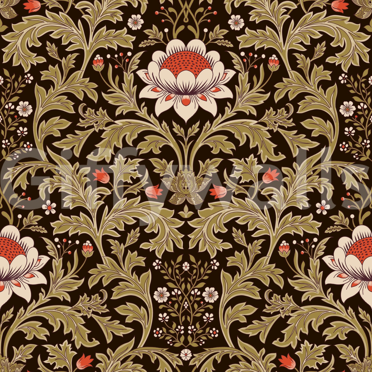 Heritage-style scrollwork in Arts and Crafts Botanical Tapestry wallpaper