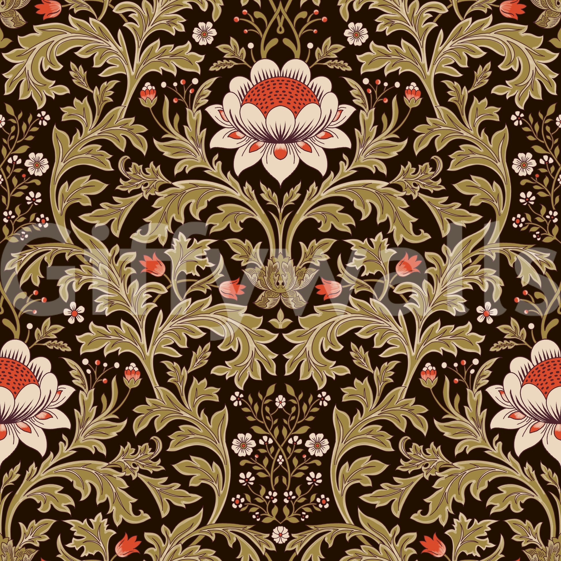 Heritage-style scrollwork in Arts and Crafts Botanical Tapestry wallpaper