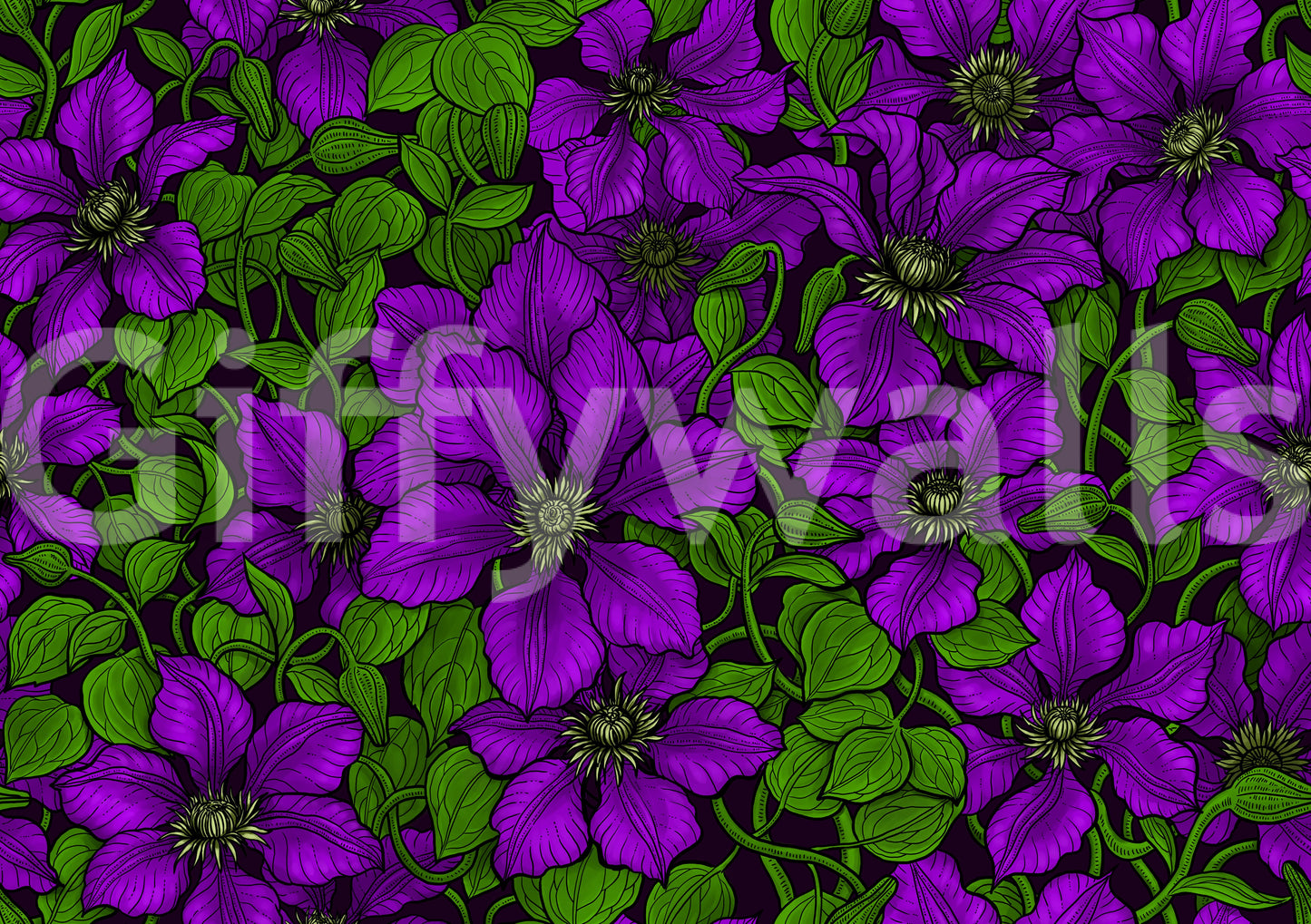 Curling vines snake between flower heads on this purple clematis vine wallpaper