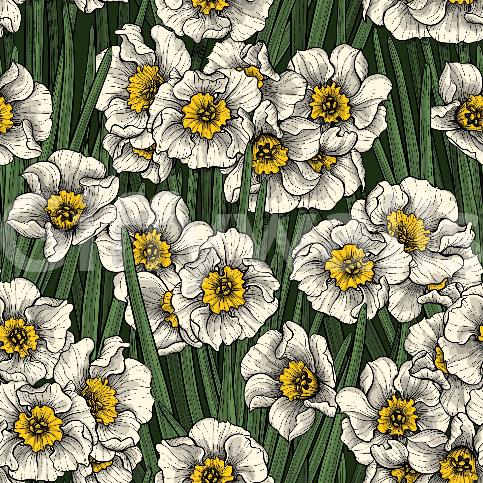 Yellow hearts glow at the center of each bloom in the Daffodils wallpaper