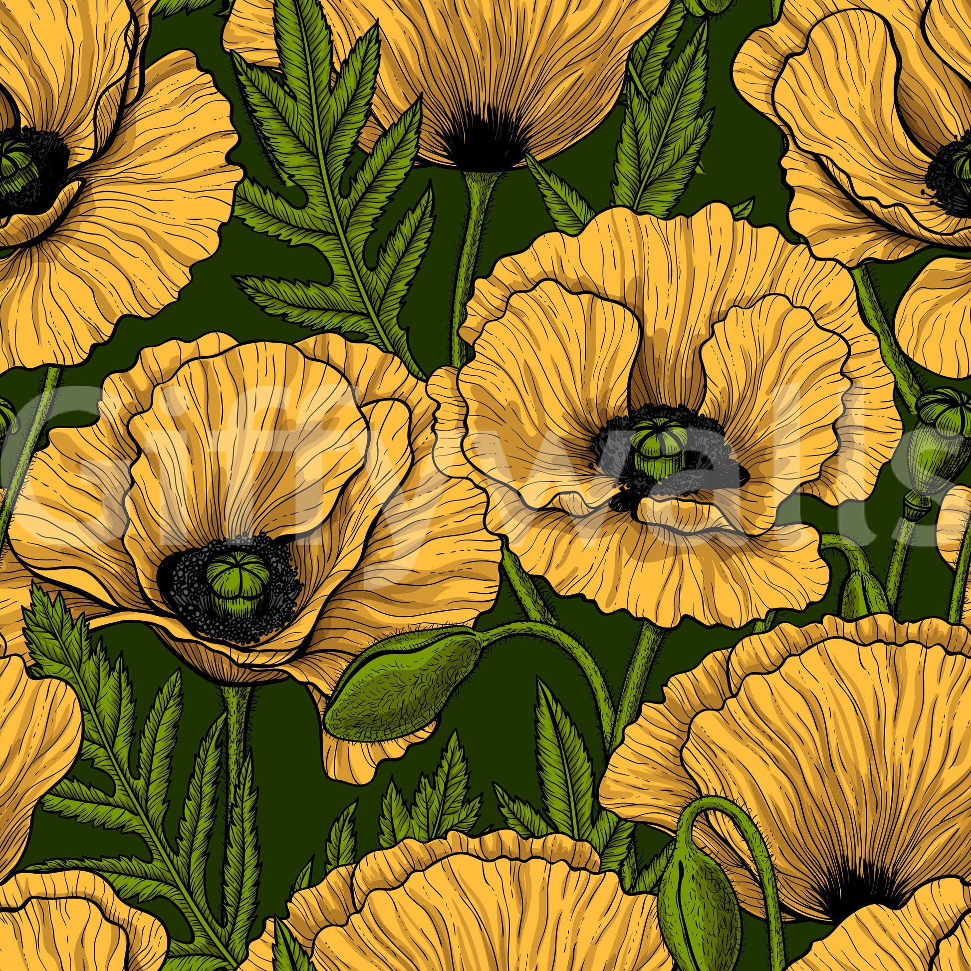 Botanical illustration character runs throughout the yellow poppy wallpaper layout.
