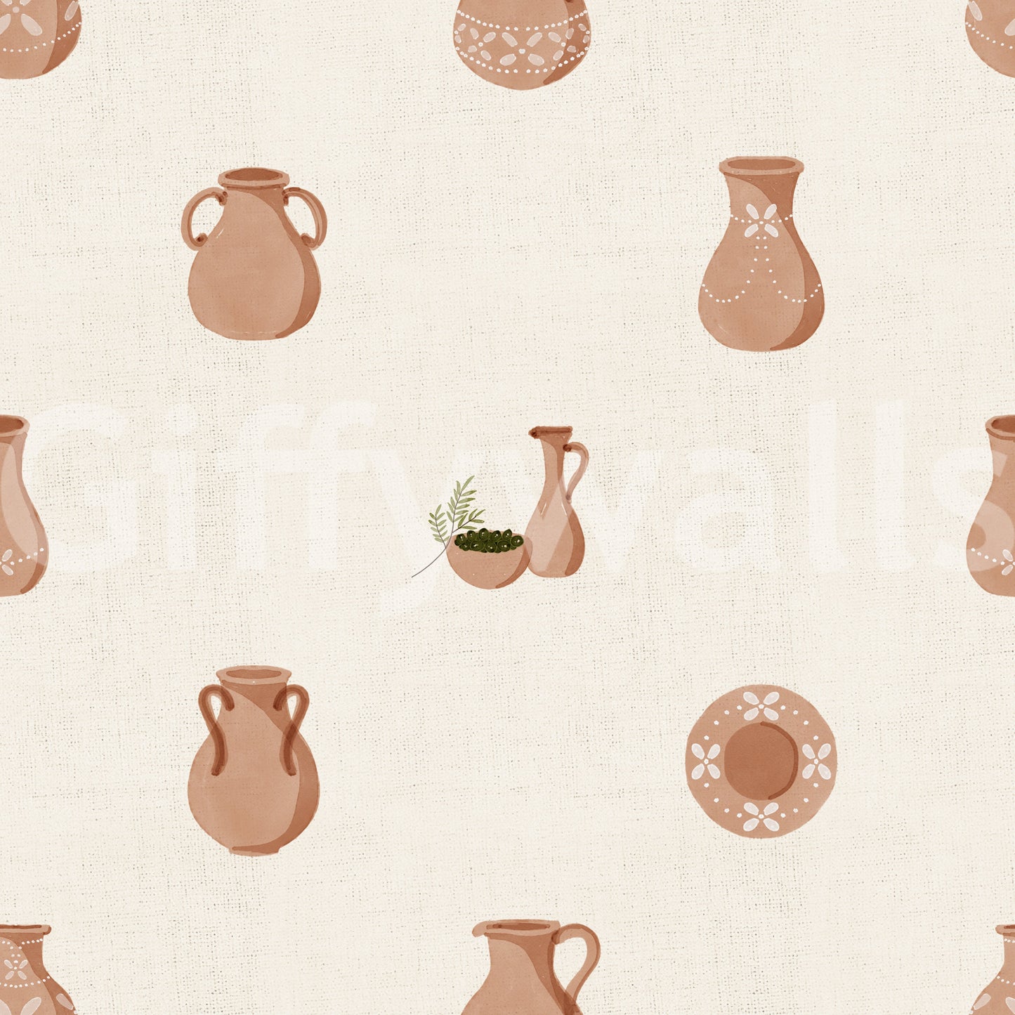 Folk-style motifs anchor the rhythm of Tuscany Pottery canvas wallpaper.