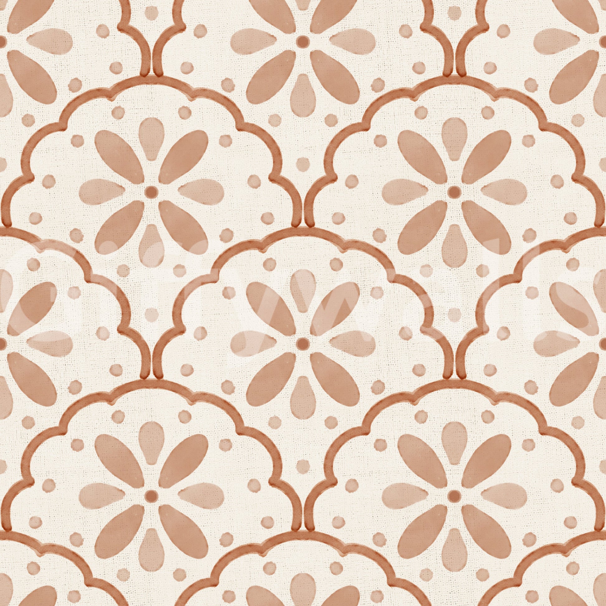 Speckled rust dots dance along curved edges of Terracotta Scallop wallpaper.