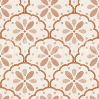 Speckled rust dots dance along curved edges of Terracotta Scallop wallpaper.