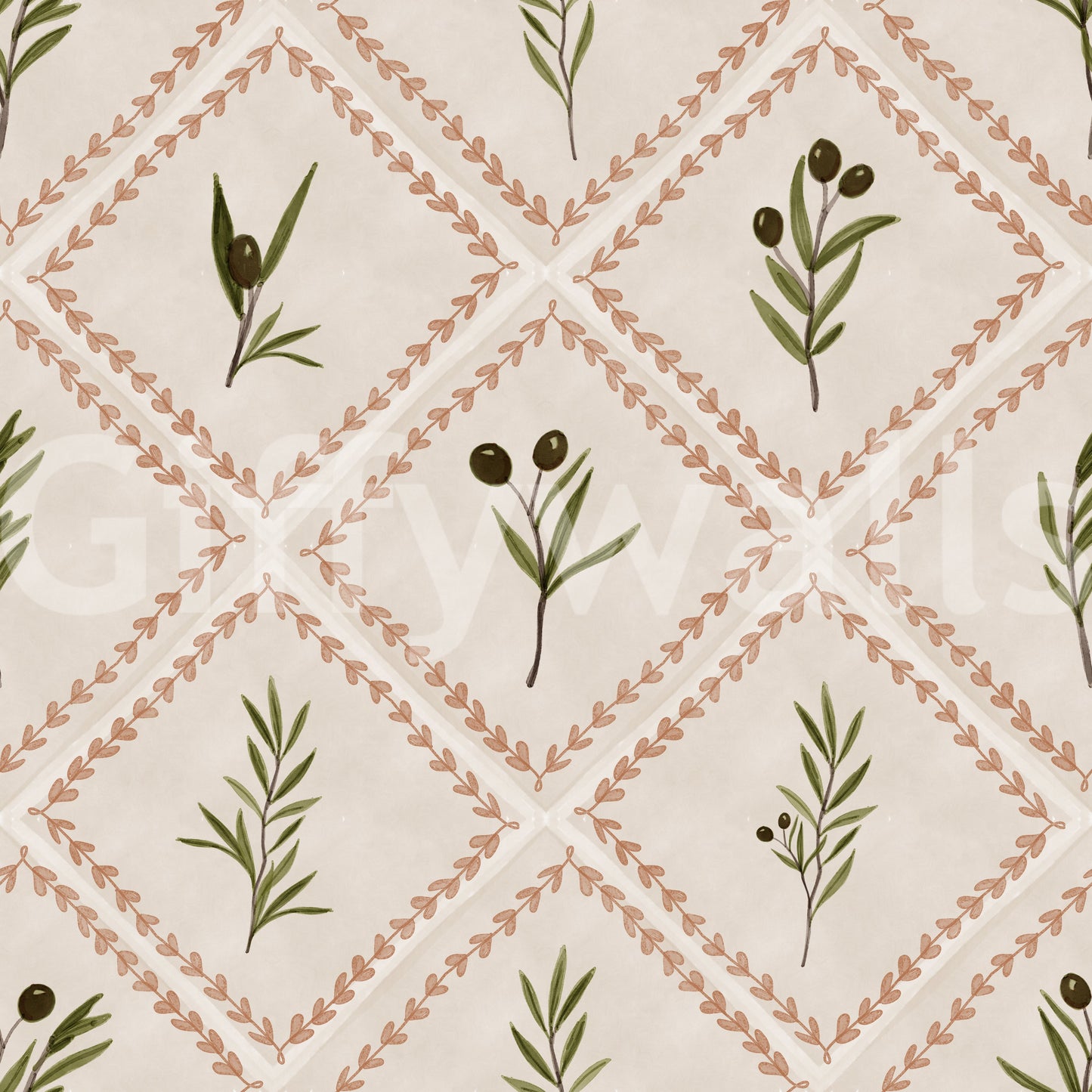 Olive fruit dots and leaf veins finish the painted detail of this Tuscany wallpaper