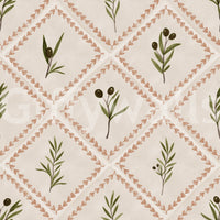 Olive fruit dots and leaf veins finish the painted detail of this Tuscany wallpaper