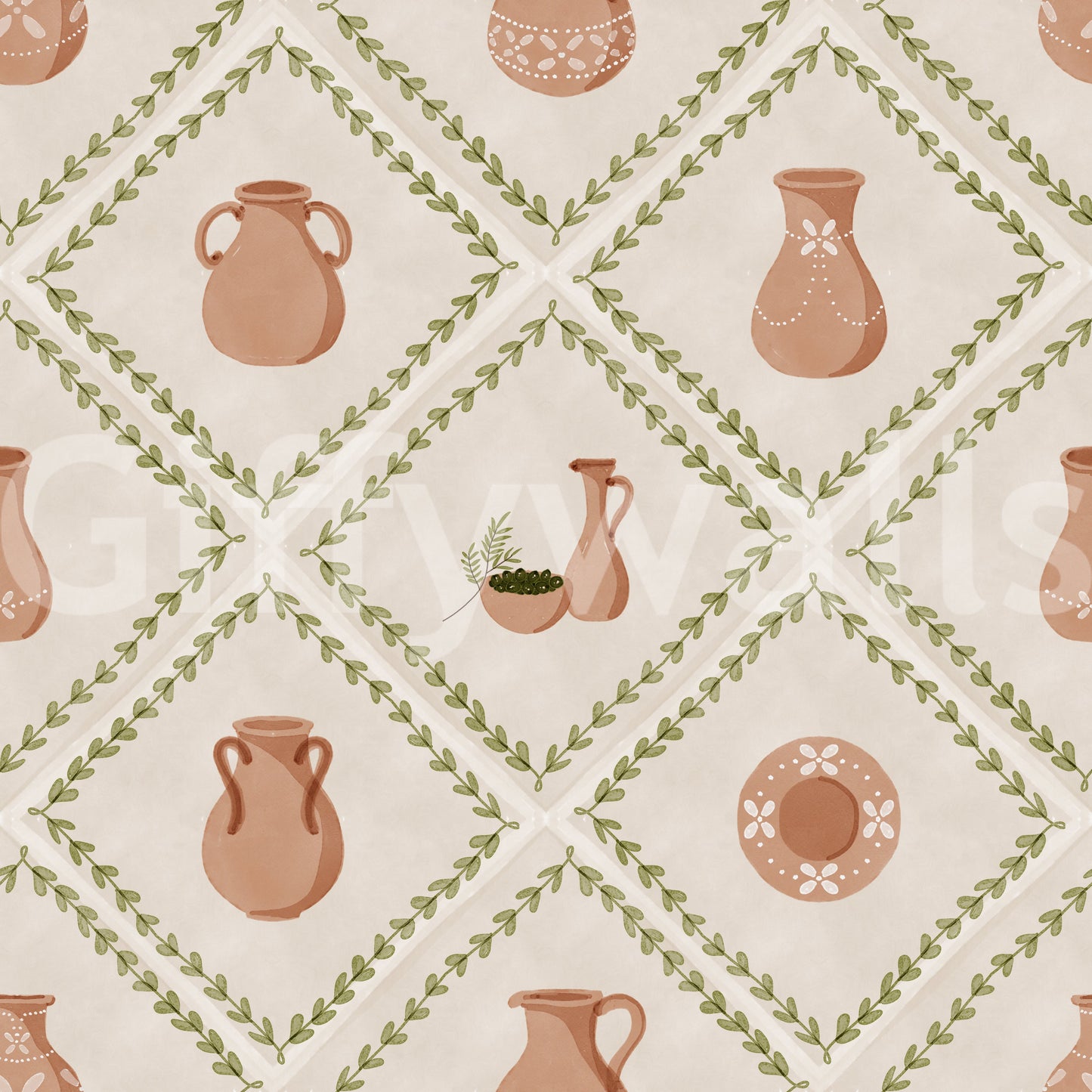 Warm terracotta meets pale cream in the Tuscan pottery tile wallpaper grid.