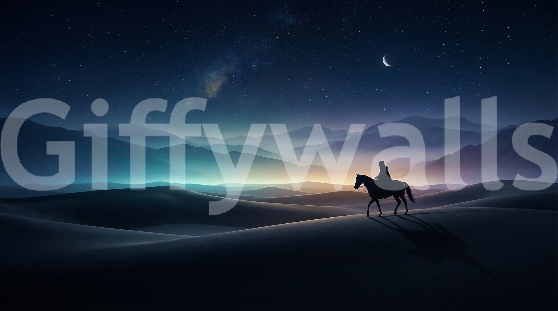 Silhouetted horseman pauses on a dune crest under stars in Silent Sands wall mural.