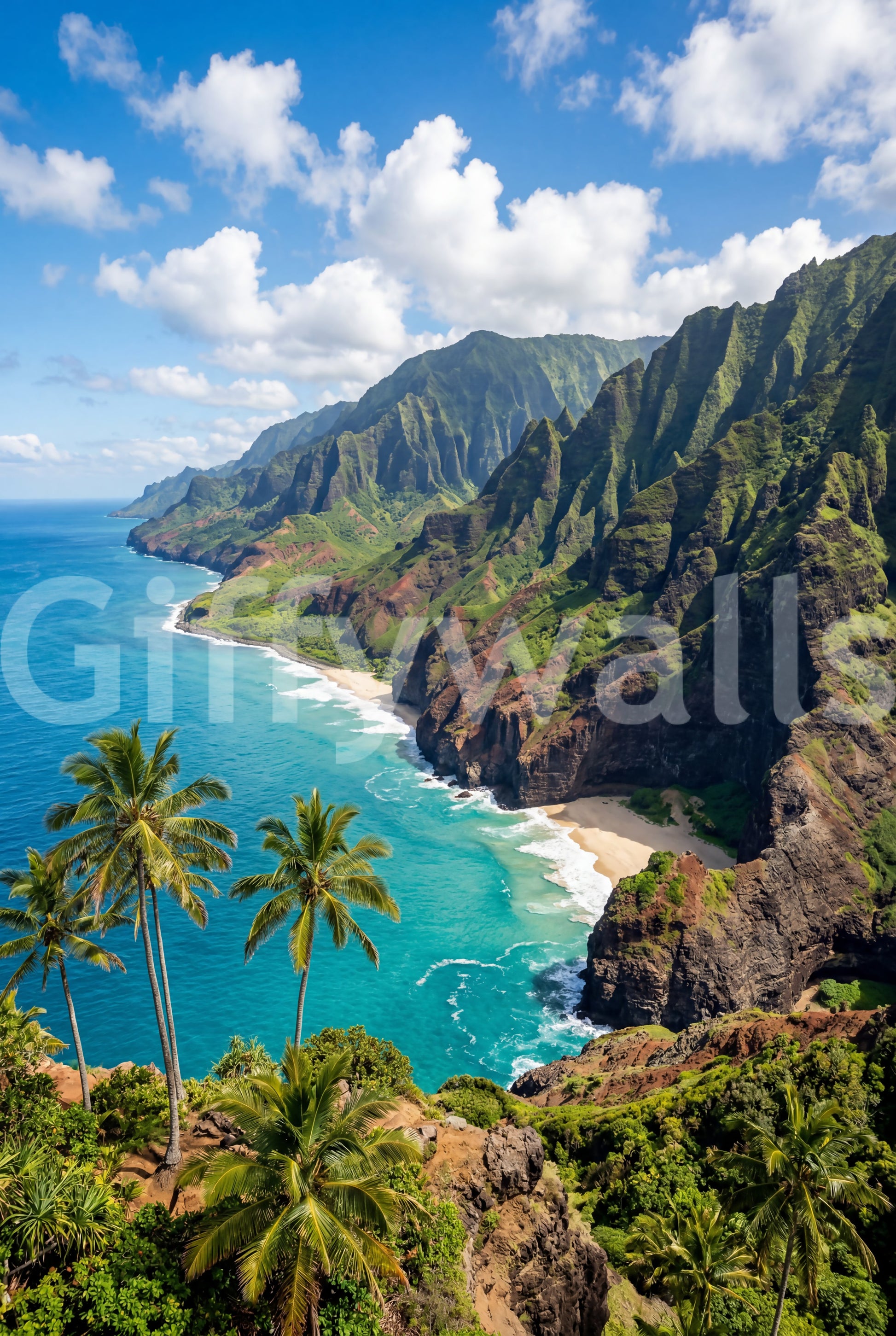 Lush green vegetation thrives alongside the rocky ridges in the Azure wall mural.