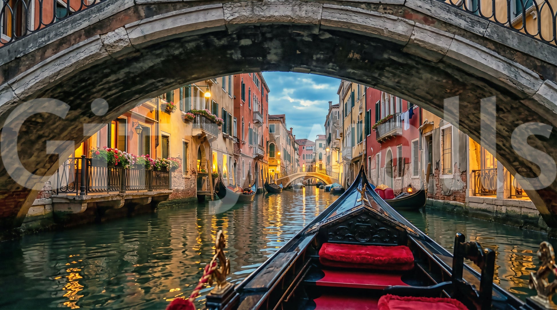 Flower boxes and iron balconies line buildings in this Venice wall mural.
