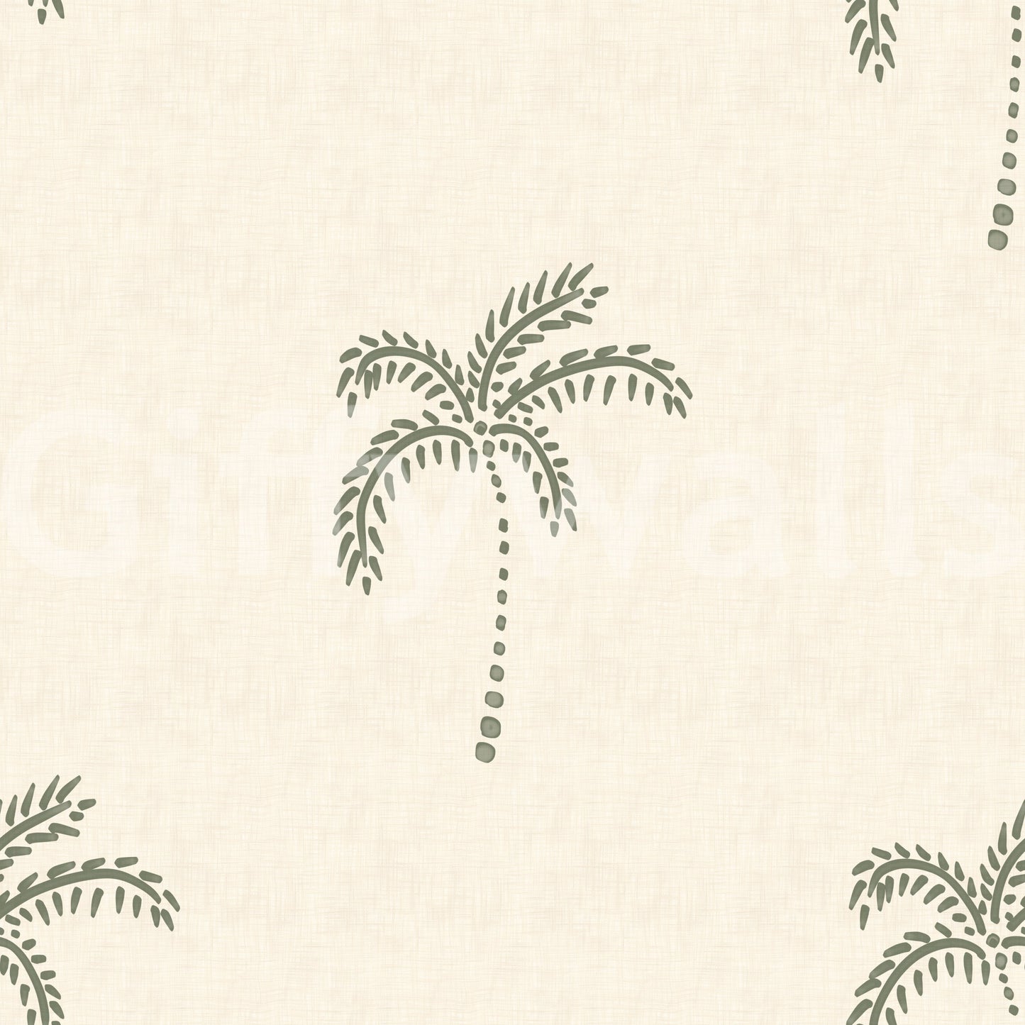A light sage palette gives this palm oasis wallpaper its airy look