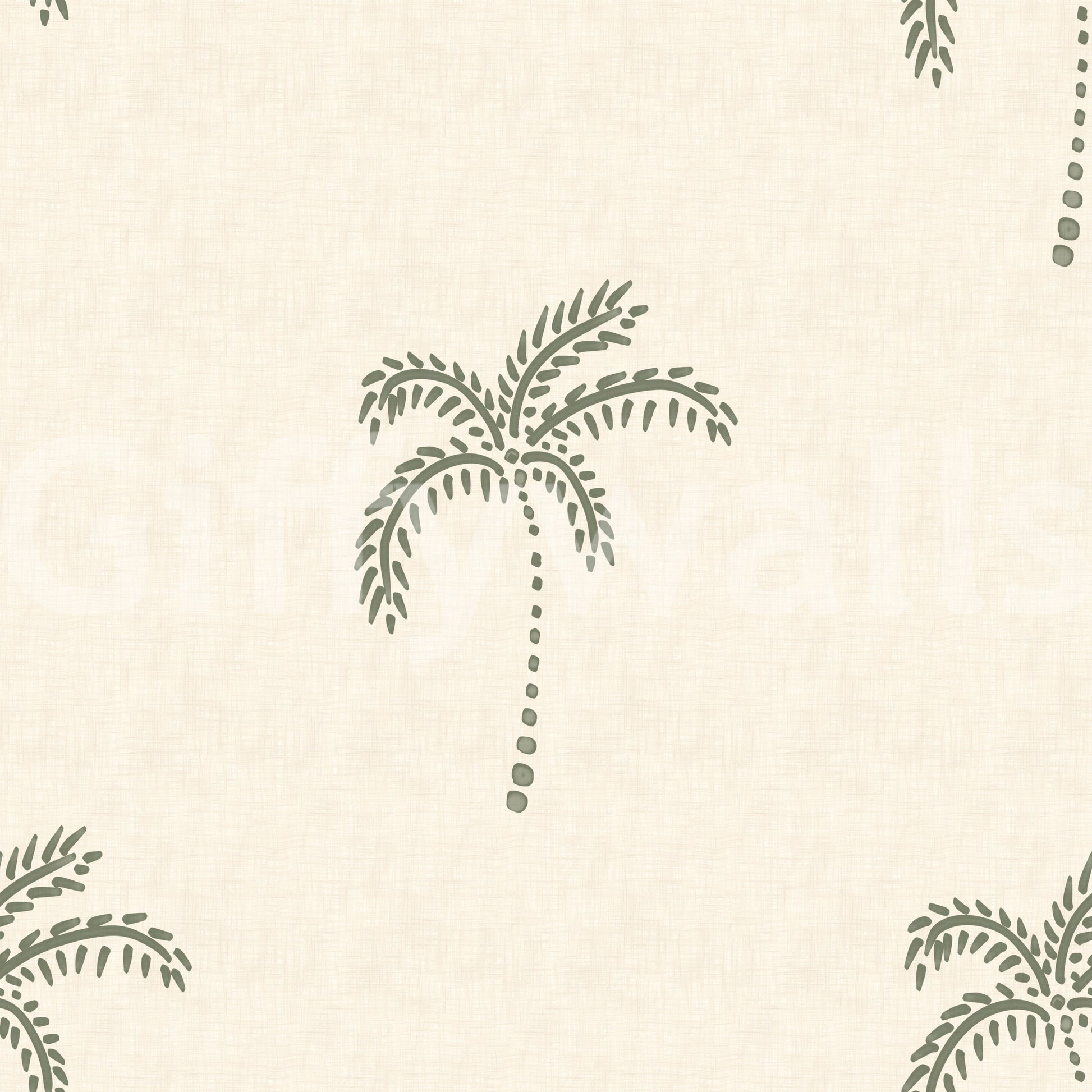 A light sage palette gives this palm oasis wallpaper its airy look