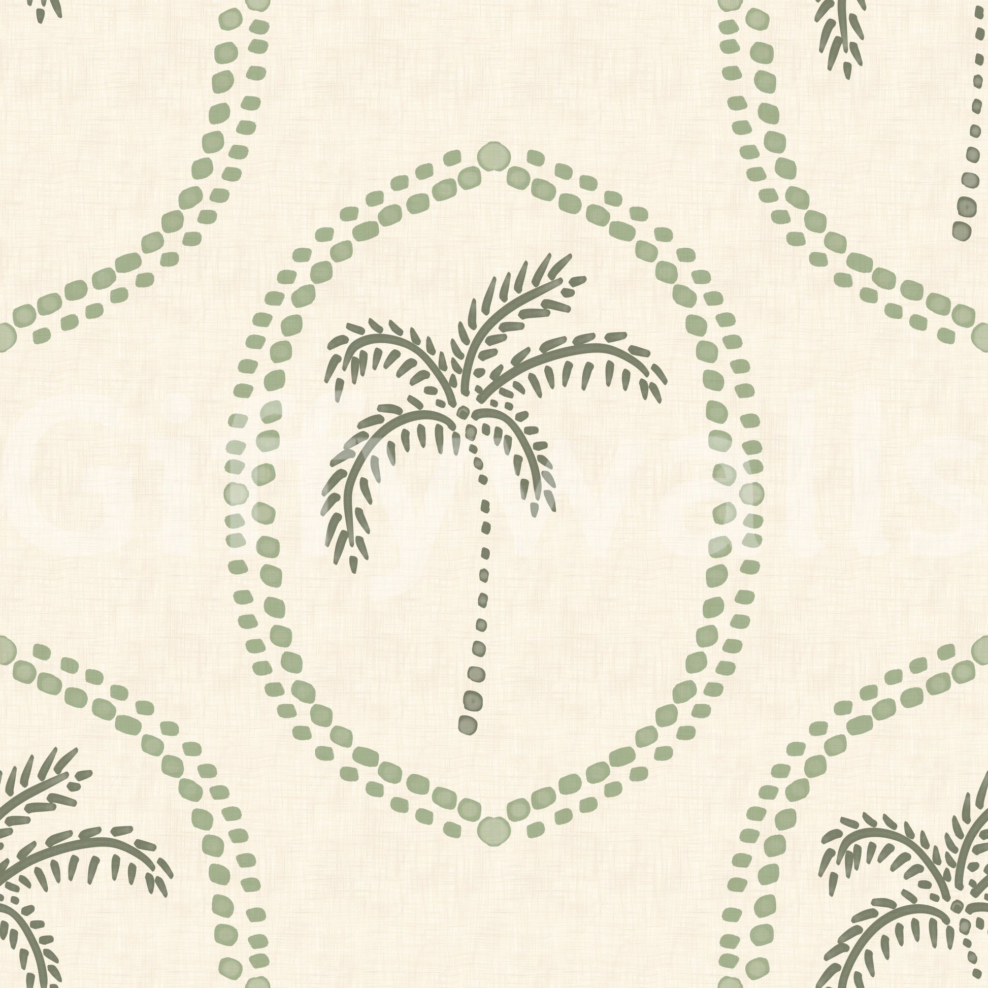 Muted green and cream balance the Palm Oasis Medallion wallpaper.
