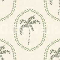 Muted green and cream balance the Palm Oasis Medallion wallpaper.