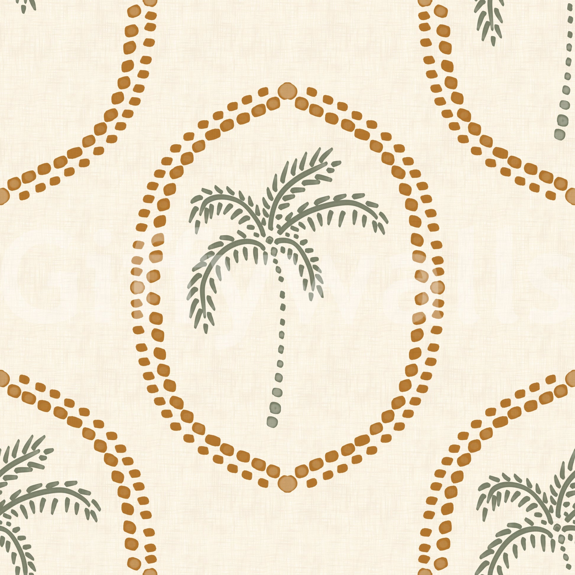 Green palms and gold frames define this beachy boho wallpaper