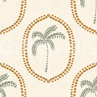 Green palms and gold frames define this beachy boho wallpaper