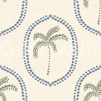 Cool blue and gentle olive meet on the Beachy Boho Palm wallpaper