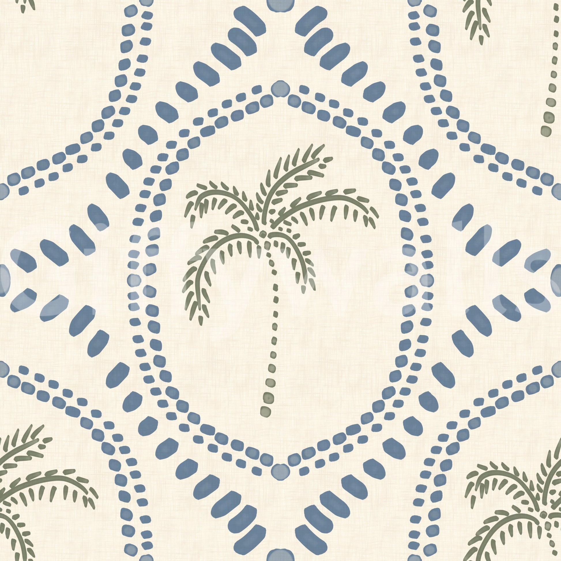 Repeating beachy motifs keep the slate-blue palm wallpaper calm and evenly spaced