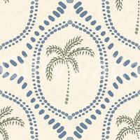 Repeating beachy motifs keep the slate-blue palm wallpaper calm and evenly spaced