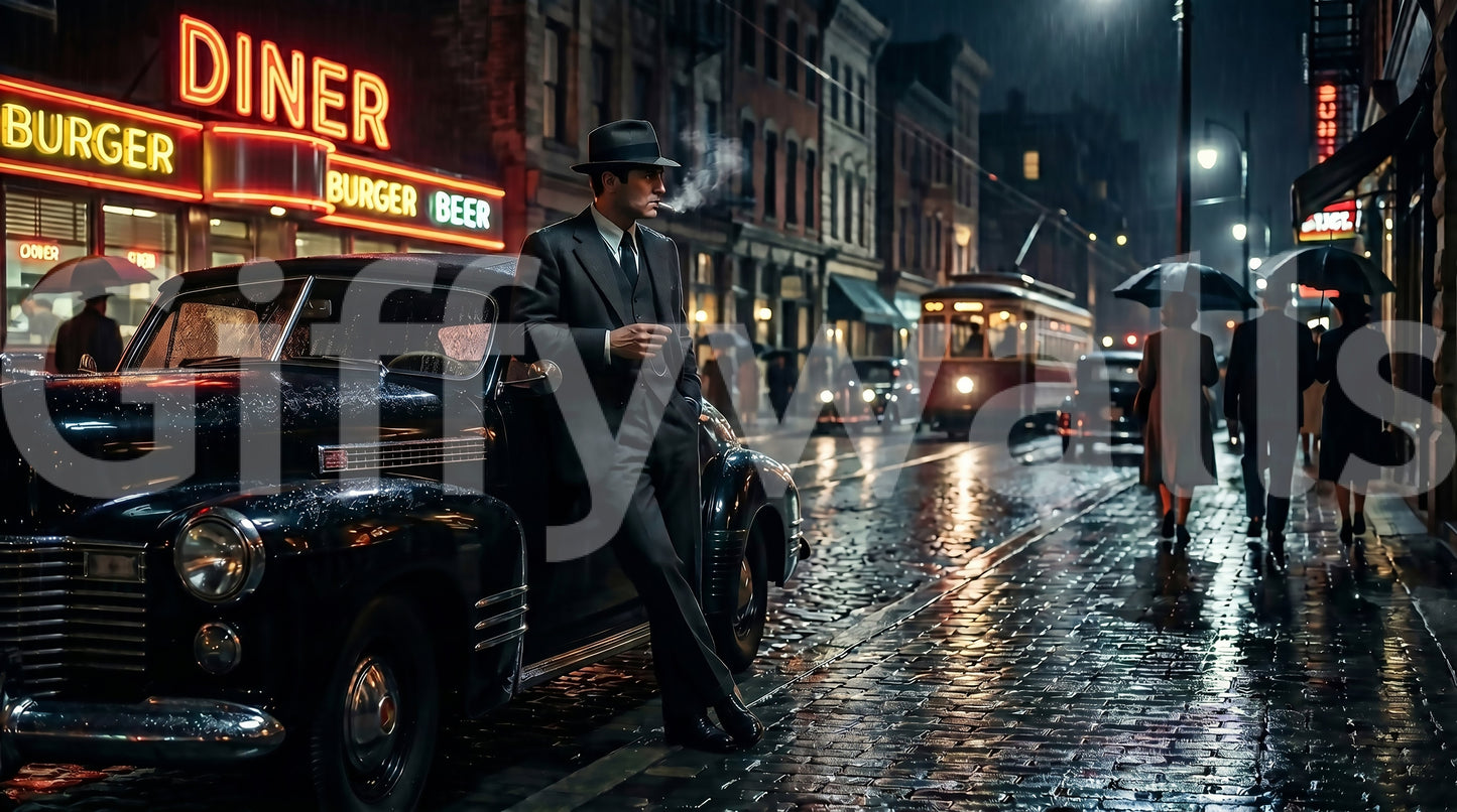 Realistic raindrops fall gently throughout the Rainy City Noir Wall Mural.