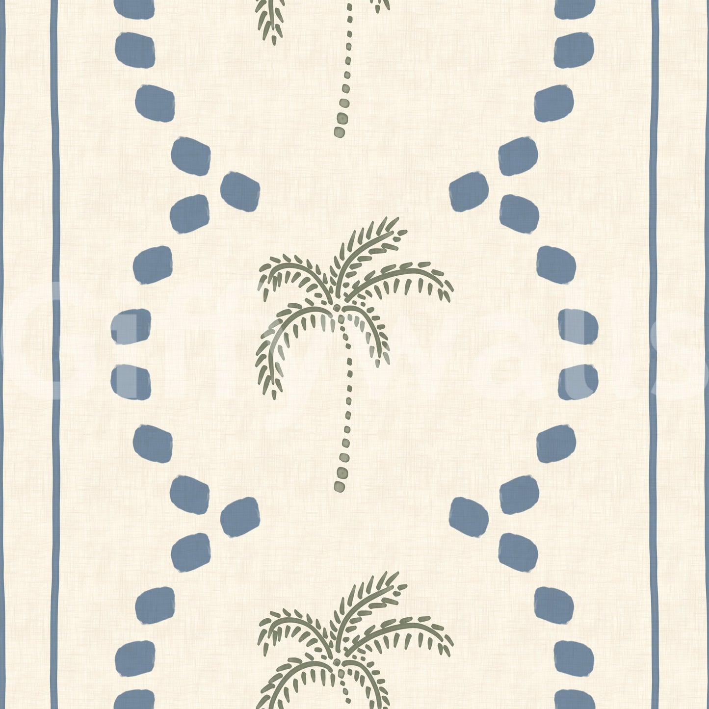 Blue patterns flowing across the Tropical Palm Deco Stripes Slate Blue Wallpaper.