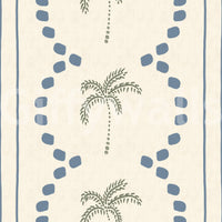 Blue patterns flowing across the Tropical Palm Deco Stripes Slate Blue Wallpaper.