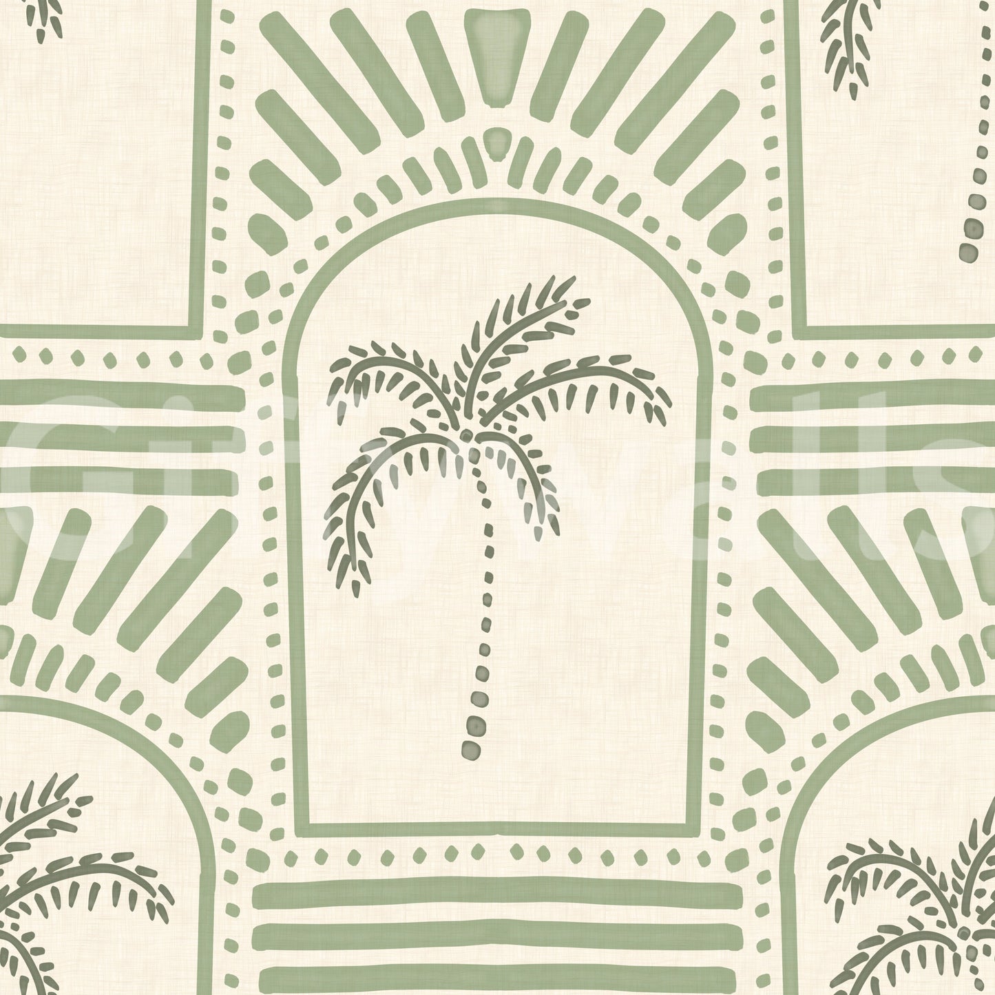 Pale green and cream tones throughout a tropical palm tree wallpaper.