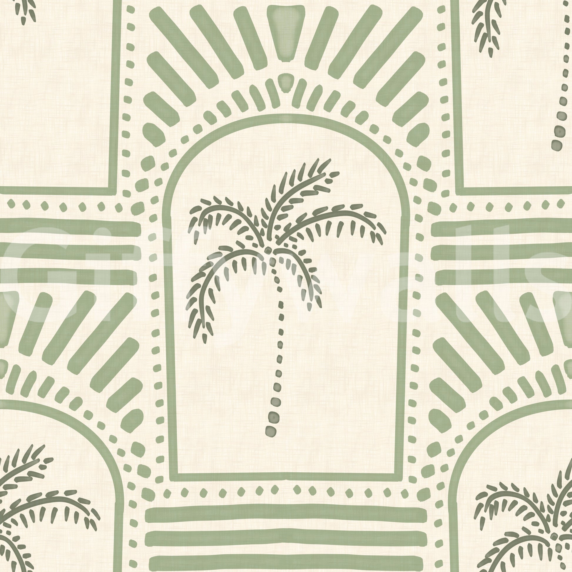 Pale green and cream tones throughout a tropical palm tree wallpaper.