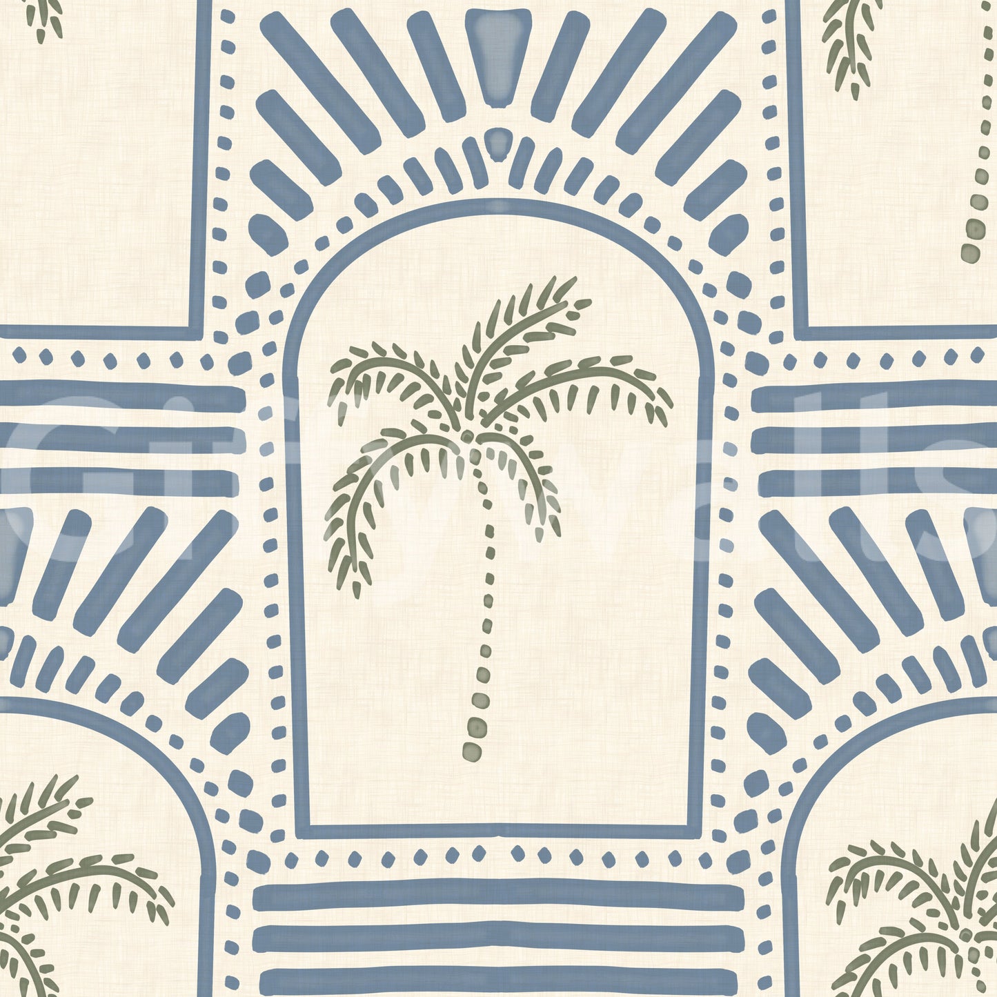 Blue linework forms the geometric archways on this palm wallpaper.