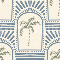 Blue linework forms the geometric archways on this palm wallpaper.