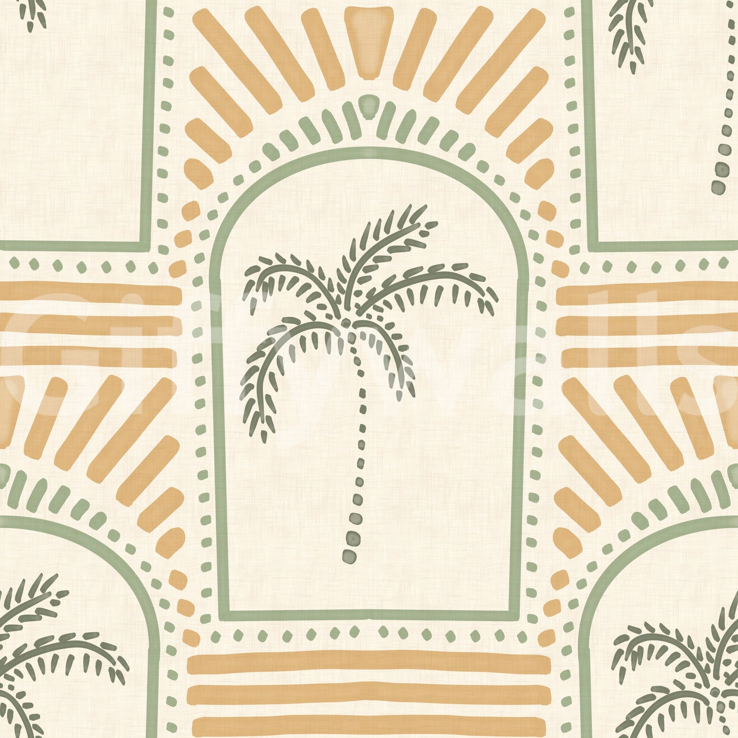 Warm sand outlines and green trees blending gracefully on a classic Art Deco Archways wallpaper.