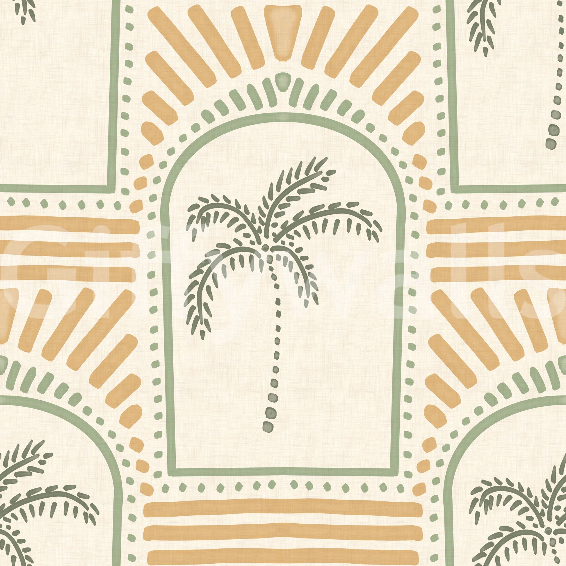 Warm sand outlines and green trees blending gracefully on a classic Art Deco Archways wallpaper.