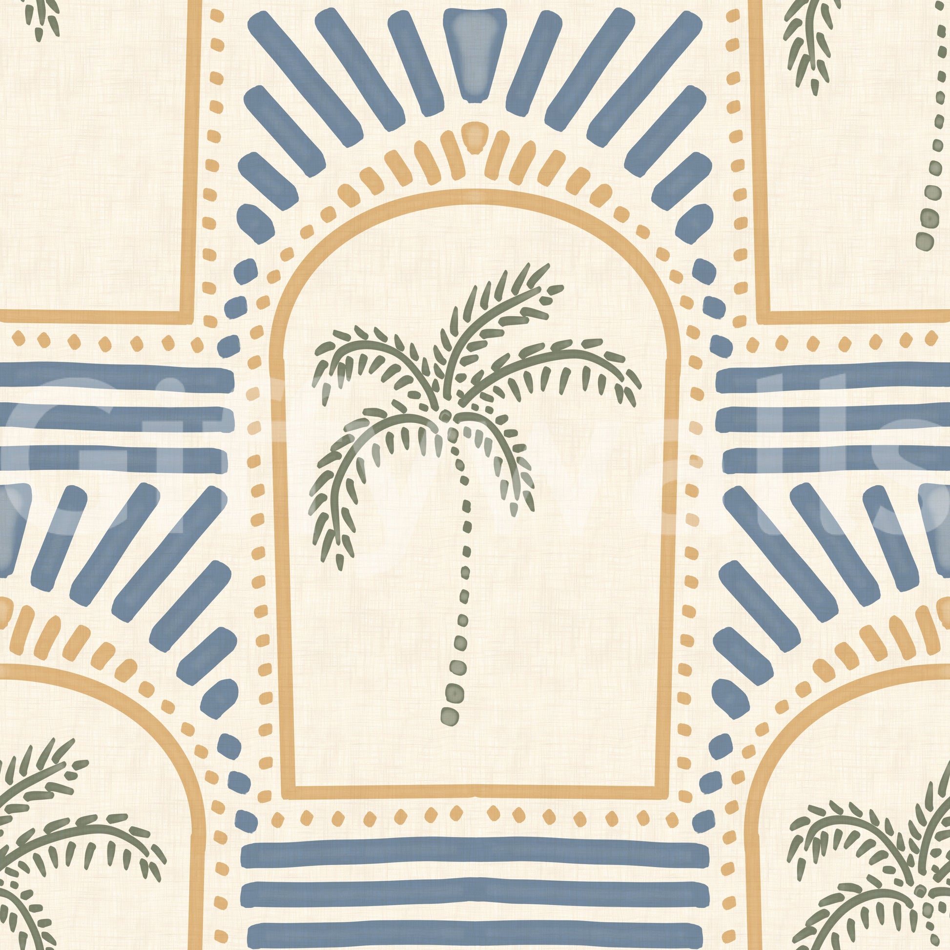 Tropical Palm Art Deco Archways Sand & Slate Blue Wallpaper detailing striped borders.