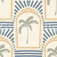 Tropical Palm Art Deco Archways Sand & Slate Blue Wallpaper detailing striped borders.