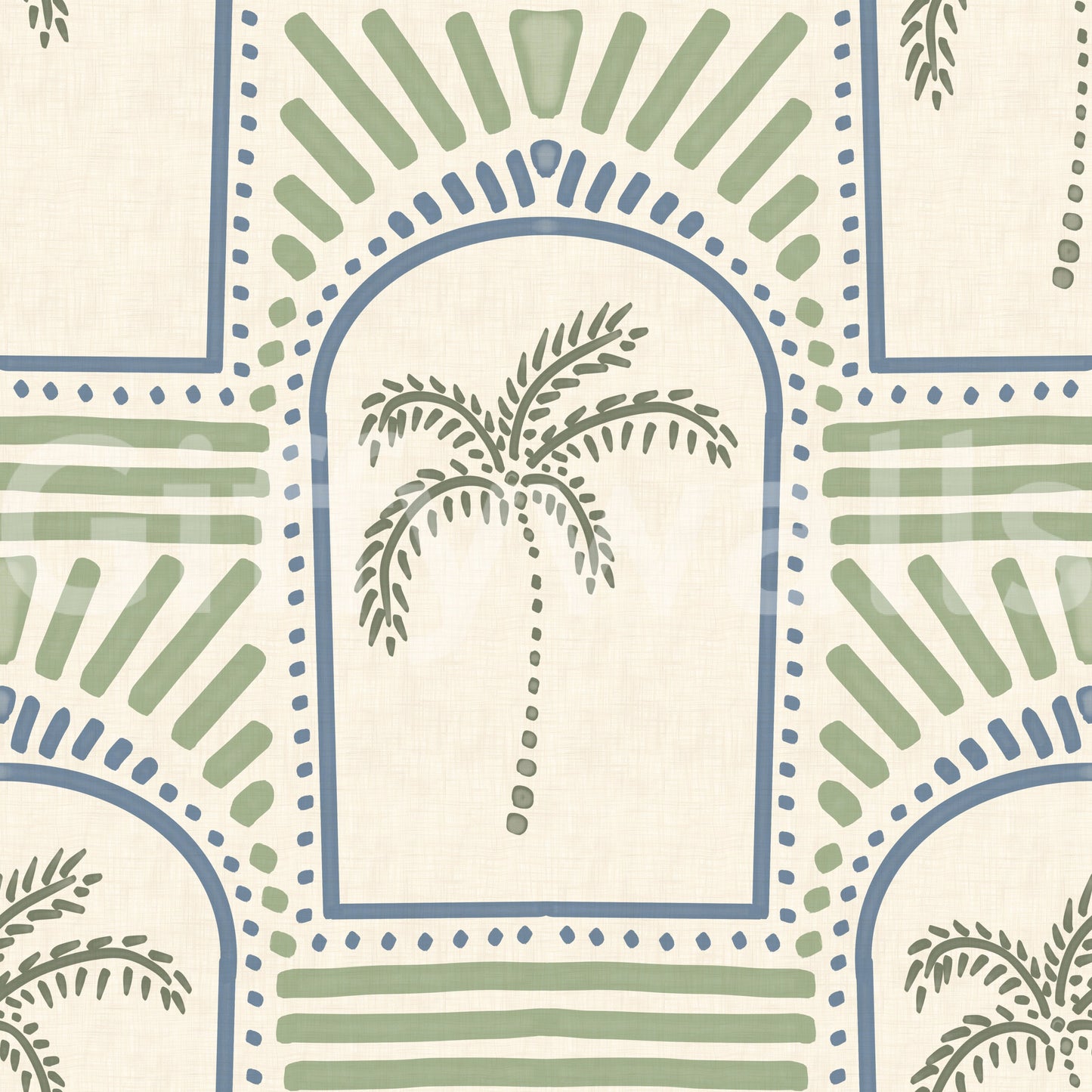 Tropical Palm Art Deco Archways Slate Blue & Costal Green Wallpaper⁠
