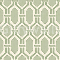 Close look at the green trellis shapes on a geometric wallpaper.