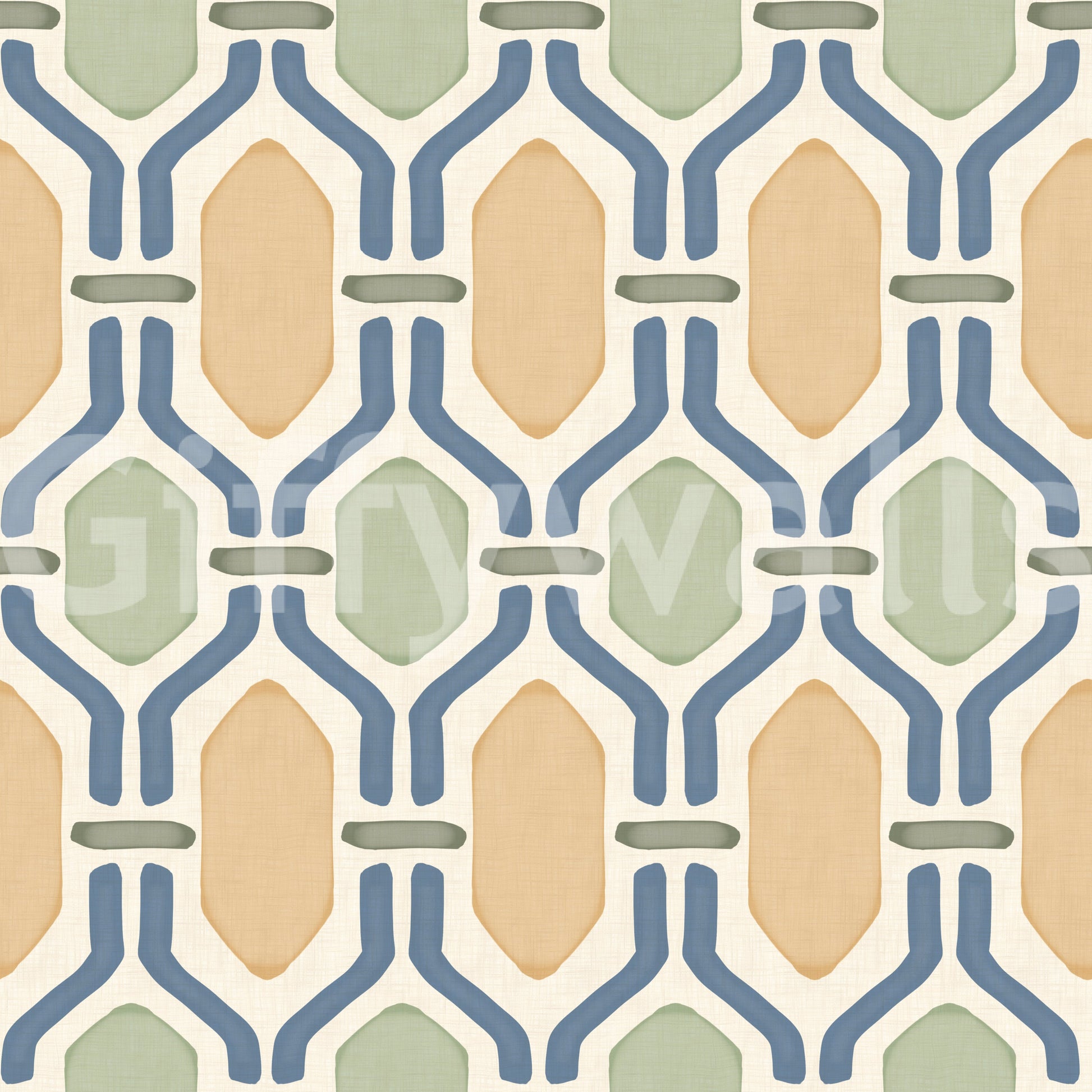 Warm beige and blue outlines blending gracefully on a classic Trellis wallpaper.