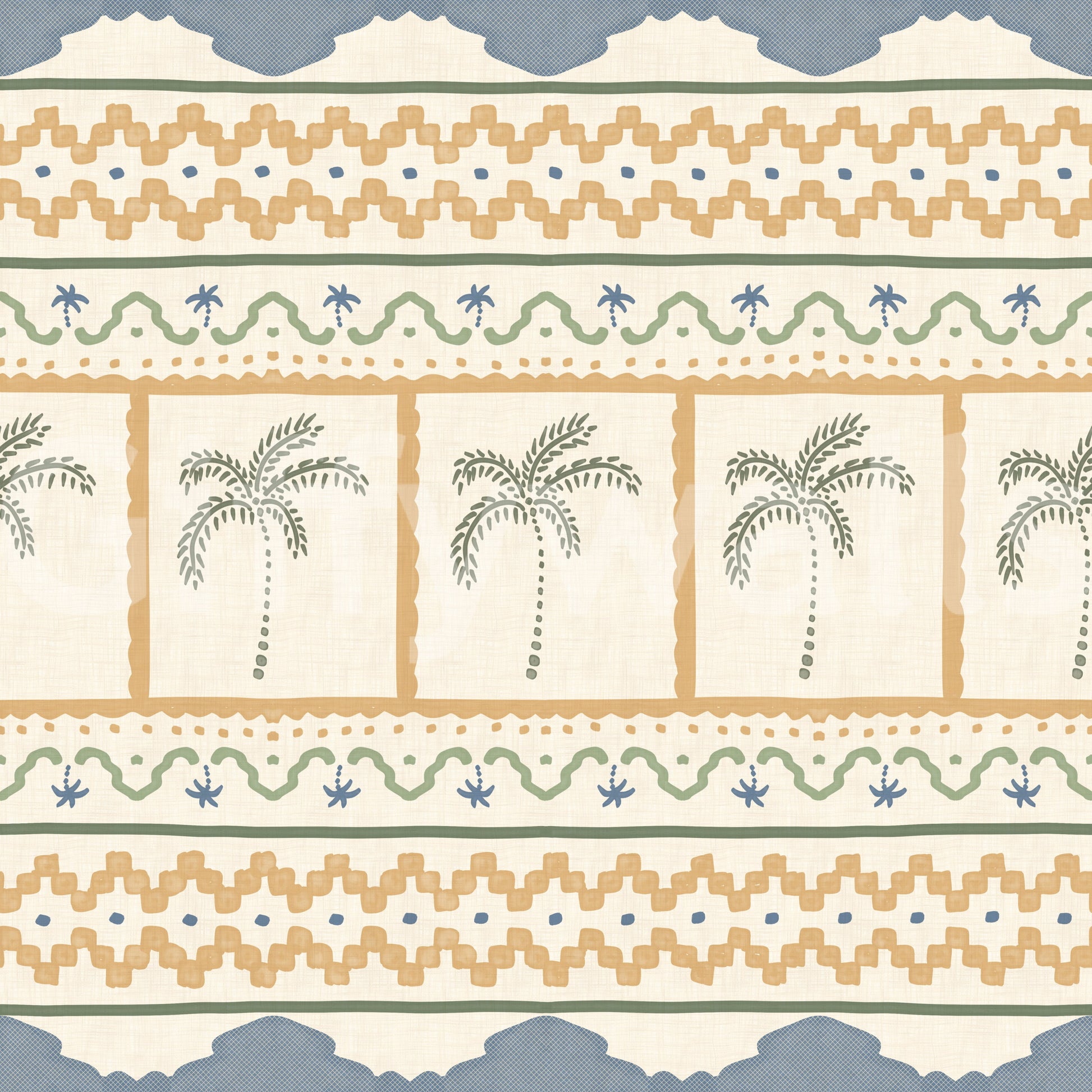 Muted blue and beige tones on the Marrakesh Ornament Textile wallpaper