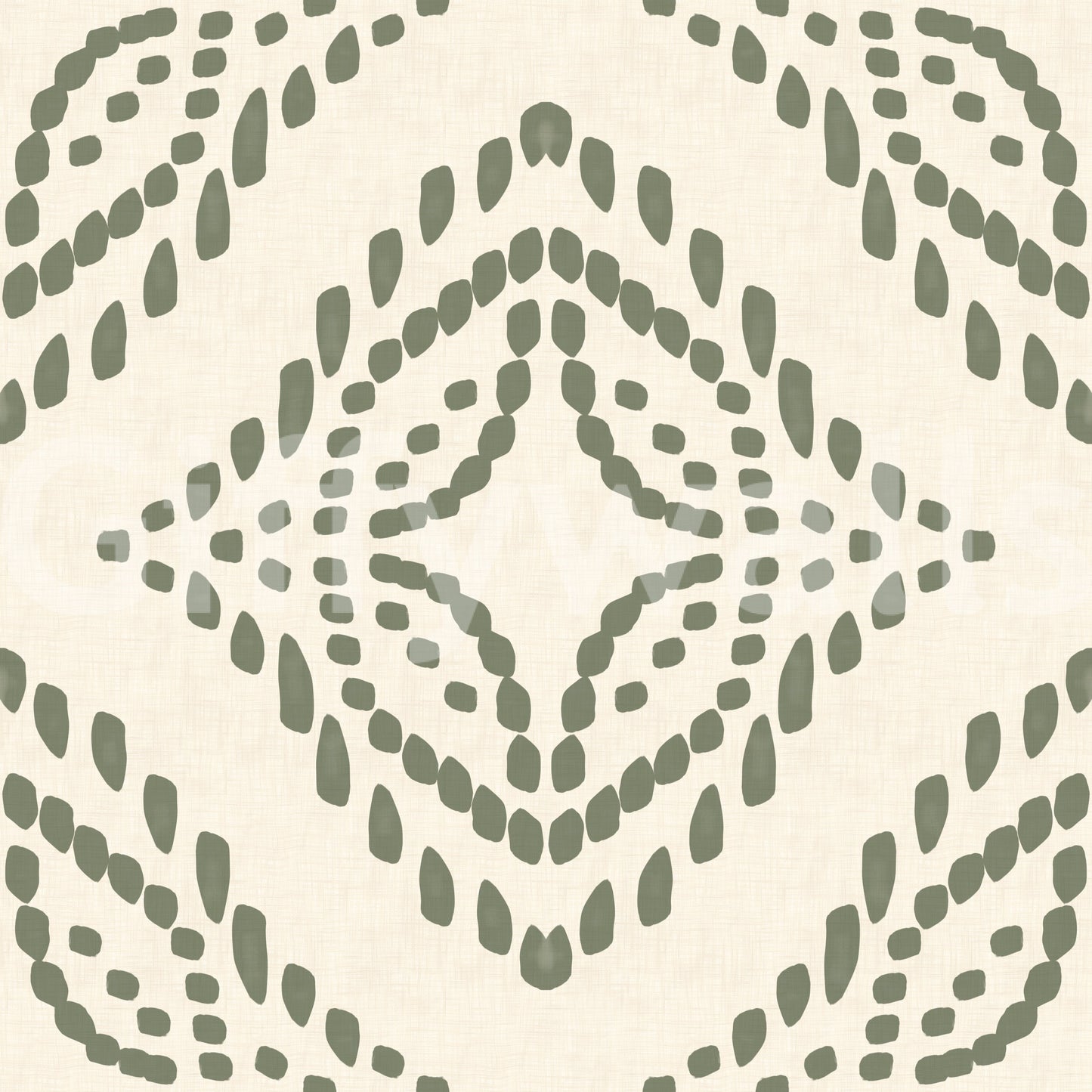 Faint linen weave sits behind the palm green block ornament wallpaper repeat