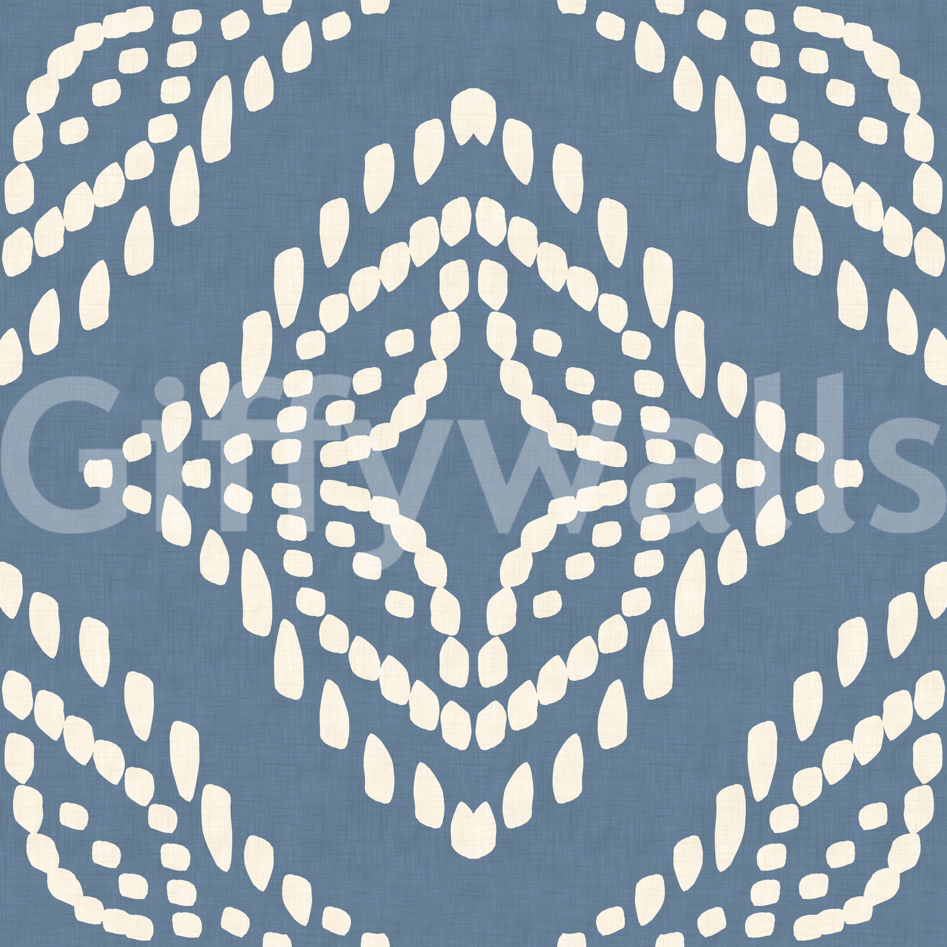 A deep slate blue ground makes the cream block print wallpaper read crisp and bold