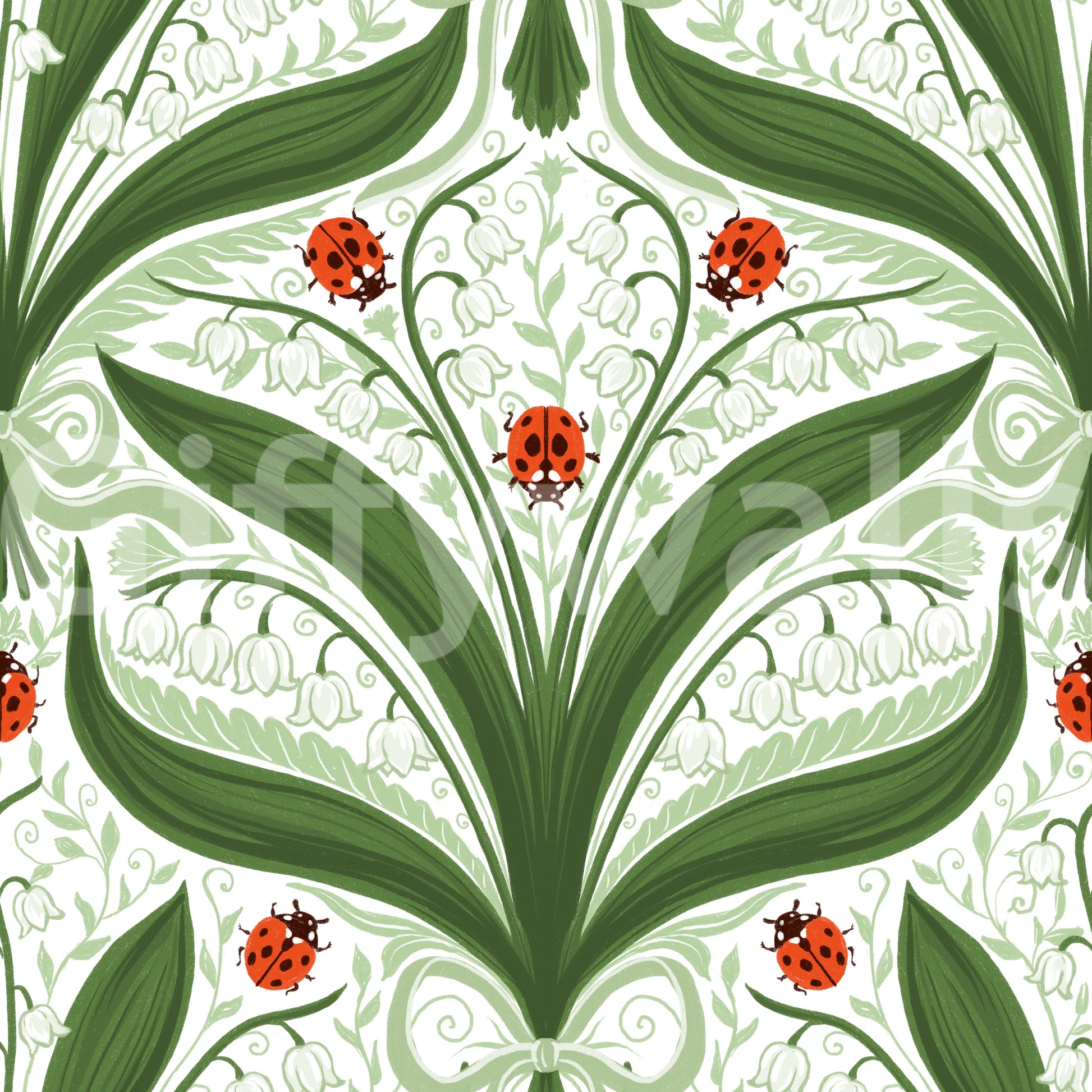 Folk-art lily of the valley wallpaper pairing lush leaves with white bells