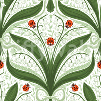 Folk-art lily of the valley wallpaper pairing lush leaves with white bells