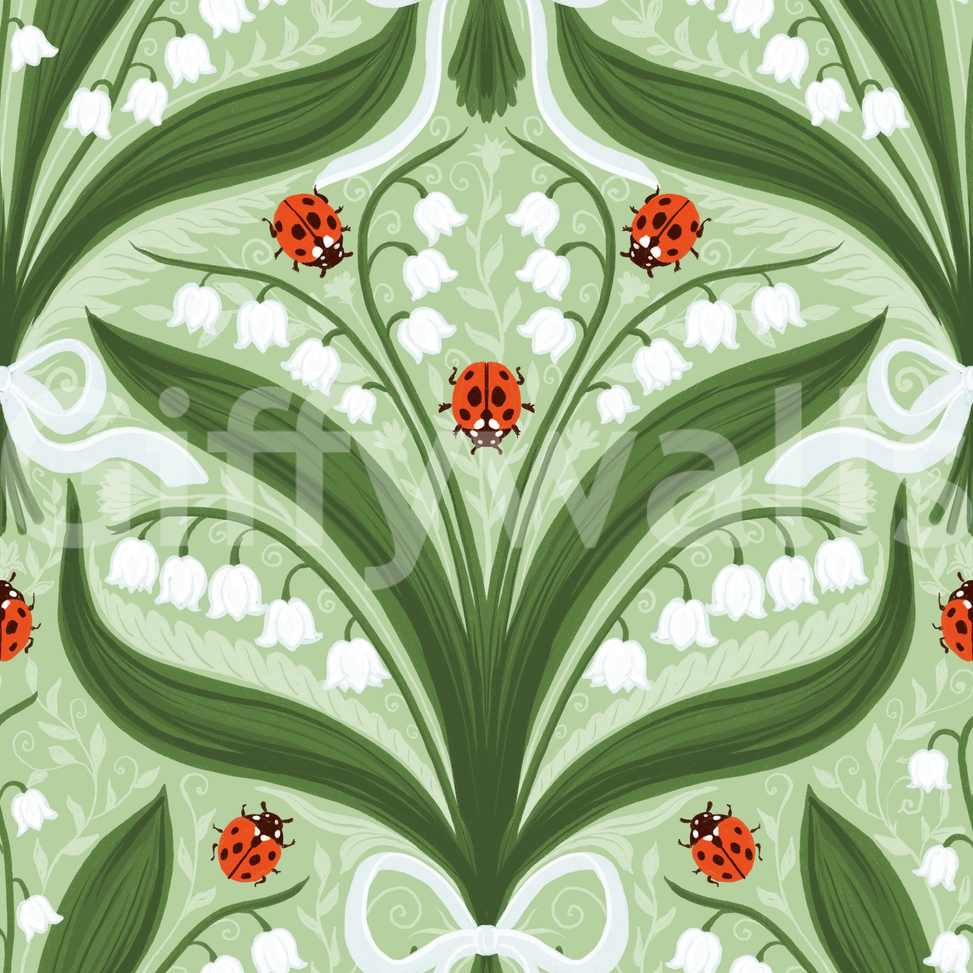 Two mirrored halves form the folk lily of the valley ladybug wallpaper repeat
