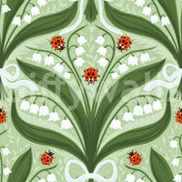 Two mirrored halves form the folk lily of the valley ladybug wallpaper repeat