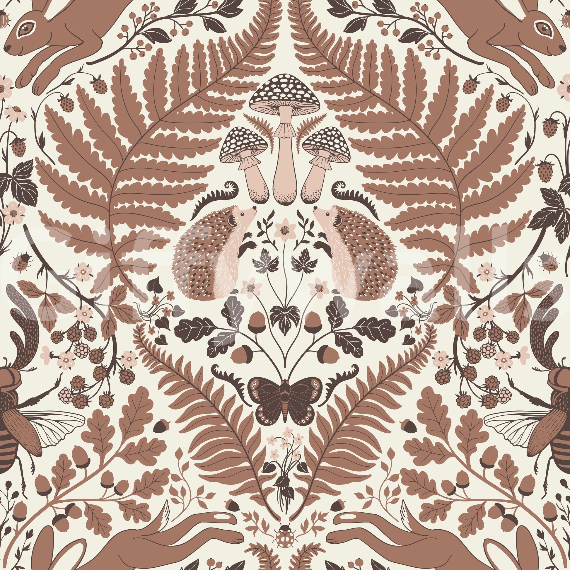 Acorns, berries and oak leaves fill the gaps in this woodland whispers wallpaper