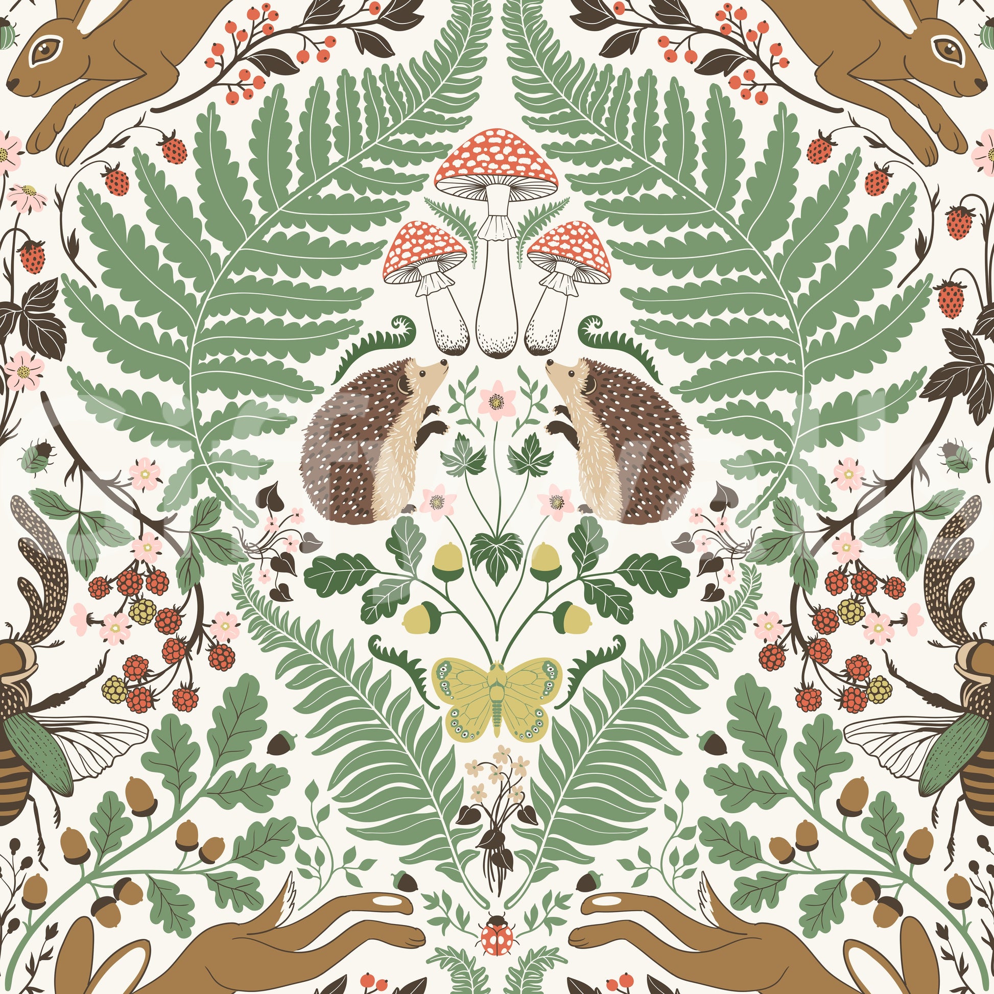 Folk-art woodland wallpaper pairing sage foliage with ochre berry detail