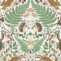Folk-art woodland wallpaper pairing sage foliage with ochre berry detail