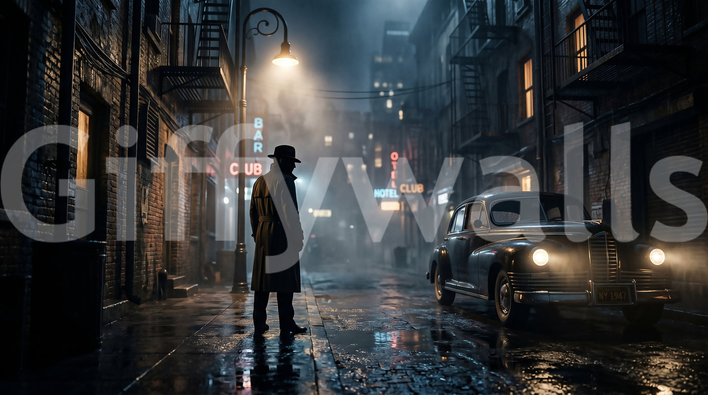 Fog drifts past faint bar and club signage in this midnight city wall mural